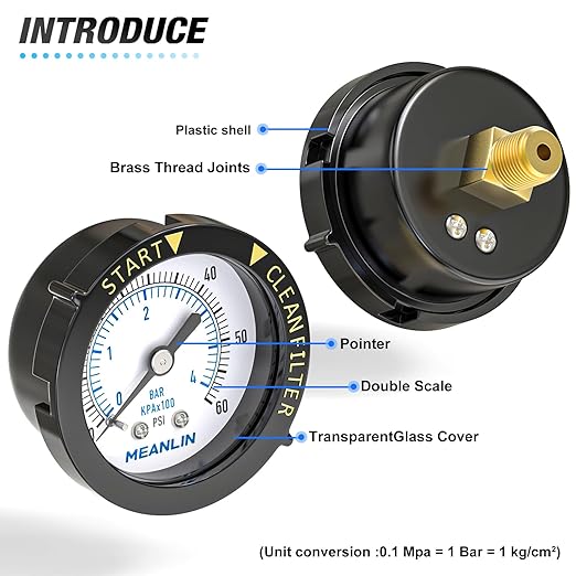 MEANLIN MEASURE 0~60Psi Plastic Frame 1/4" NPT Start and Clean Filter Pressure Gauge, Suitable for Swimming Pool, Spa, Aquarium, Center Back Mount