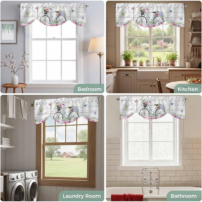 Spring Tie Up Valance Curtains for Windows, Kitchen Curtains Window Shades, Bicycles Botanical Rose Leaves Butterfly Wood Grain Light Filtering Roman Curtain Valances for Bedroom/Bathroom/Cafe 54"x18"