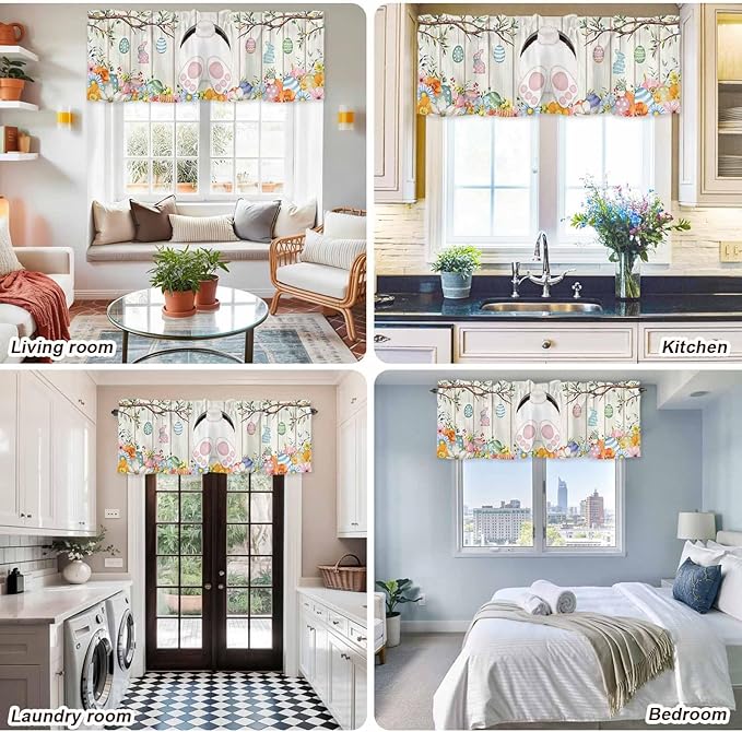 Easter Curtain Valances for Windows, Kitchen Valance Window Treatment, Spring Farmhouse Watercolor Bunny Eggs Wood Grain Light Filtering Block Curtains for Bathroom/Bedroom/Living Room 42'' x 18''