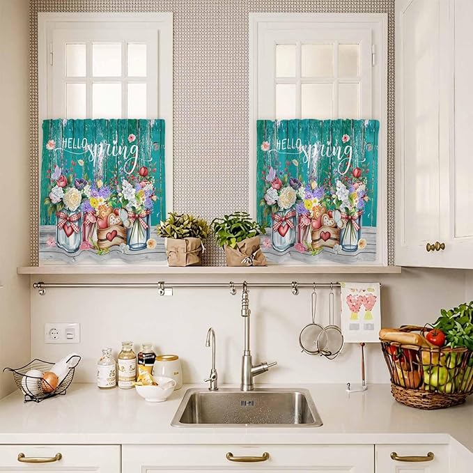 Spring Flowers Kitchen Curtain Set, Farmhouse Watercolor Teal Wood Grain Window Valance and Tiers 24" Length, Light Filtering Short Curtains Valance for Cafe Bathroom Bedroom 54"x18"