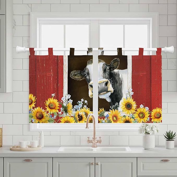 Cows Sunflowers Kitchen Curtains 36 Inch Length, Small Window Curtains Tab Top, Rustic Farms Barns Flowers Bees Animals Light Filtering Short Window Treatments Tier Drapes 27.5"x36" 2 Panel