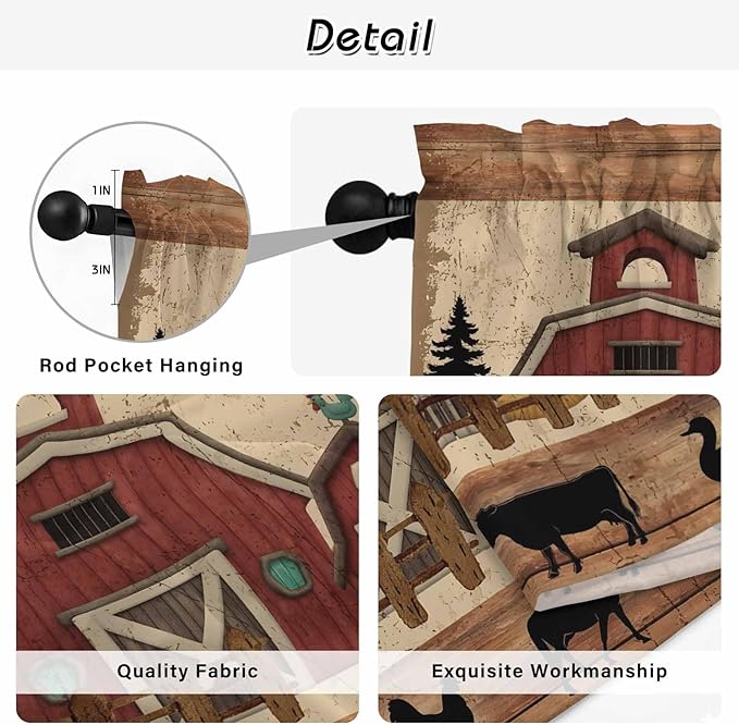 Brown Farmhouse Kitchen Curtains, Vintage Country Animals Wooden Grain Light Filtering Window Curtain Panels, 2Pcs Rod Pocket Window Treatments Set for RV Dining Room Study Room 42x54 Inches