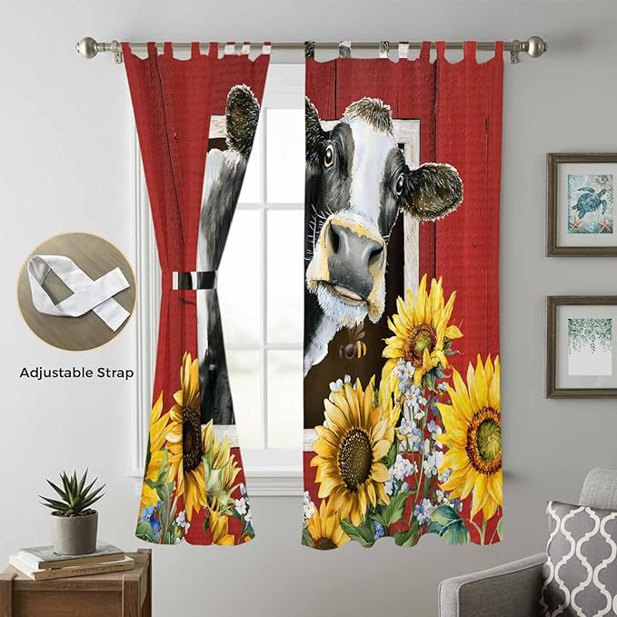 Cows Sunflowers Living Room Curtains 96 Inch Length, Window Curtains Tab Top, Spring Botanical Floral Bees Red Barn Light Filtering Window Treatments Drapes 52"x96" 2 Panel