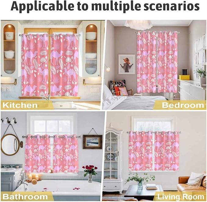 2 Panel Kitchen Cafe Curtains, Desert Camel Sunlight Filtering Nature Air Through, Home Decor Window Covering Tier Curtains for Living Room 55W x 39L inch Vintage Sand Camel Leaves Flower Pattern Pink