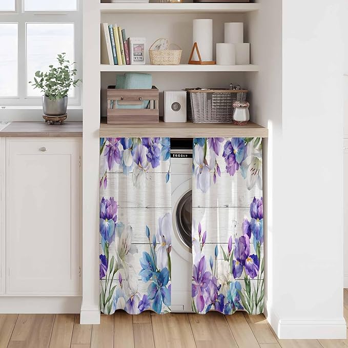 Spring Flowers Kitchen Curtains, Watercolor Garden Florals Wooden Grain Light Filtering Window Curtain Panels, 2Pcs Rod Pocket Window Treatments Set for Study Room Bathroom Bedroom 52x54 Inches