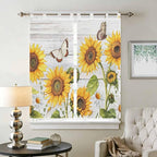 Yellow Sunflowers Bedroom Curtains 72 Inch Length, Window Curtains Tab Top, Vintage Country Flowers Butterfly Wood Board Light Filtering Window Treatments Drapes 52"x72" 2 Panel