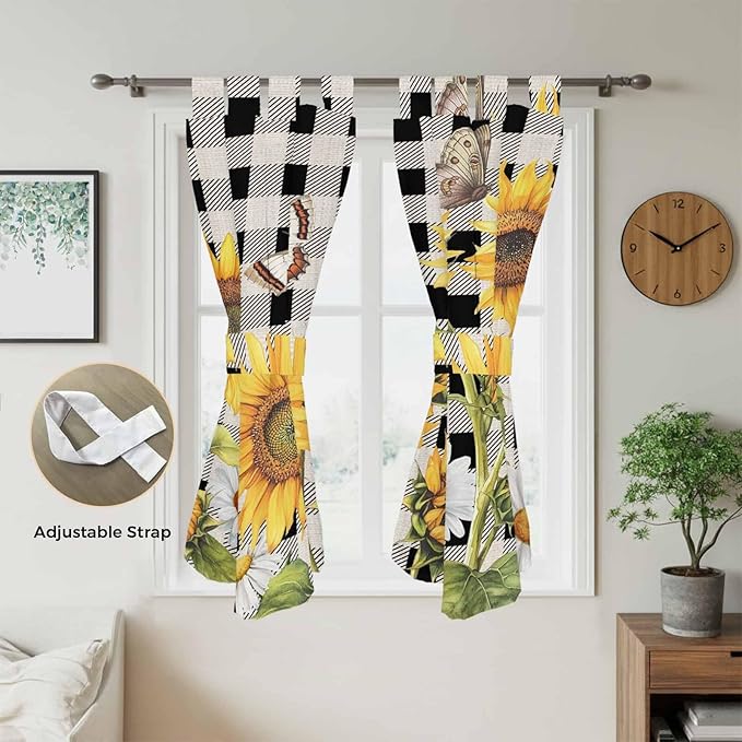 Sunflowers Bathroom Curtains 63 Inch Length, Window Curtains Tab Top, Yellow Flowers Butterfly Farmhouse Black Plaid Light Filtering Window Treatments Drapes 52"x63" 2 Panel