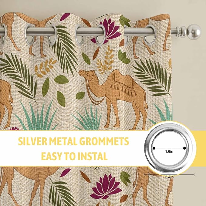 2 Panel Kitchen Cafe Curtains, Desert Camels Sunlight Filtering Nature Air Through, Home Decor Window Covering Tier Curtains for Living Room 104W x 84L inch Vintage Sand Animals Aloe Vera Leaves Beige