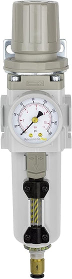 PneumaticPlus SAW300-N03BDG-MEP Compressed Air Filter Regulator Piggyback Combo 3/8" NPT - Metal Bowl, Auto Drain, Bracket, Gauge