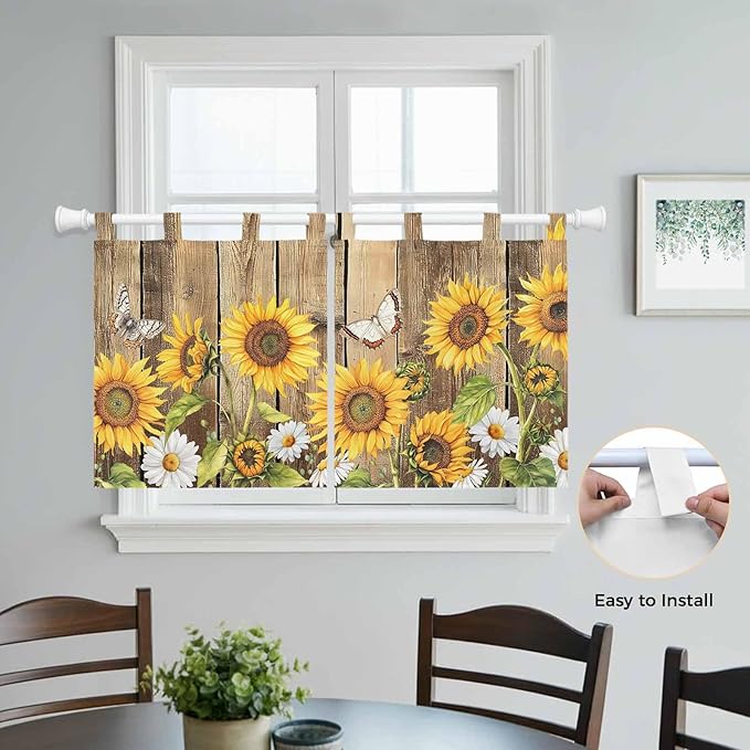 Farmhouse Sunflowers Kitchen Curtains 36 Inch Length, Small Window Curtains Tab Top, Rustic Floral Buttterfly Wood Board Brown Light Filtering Short Window Treatments Tier Drapes 27.5"x36" 2 Panel