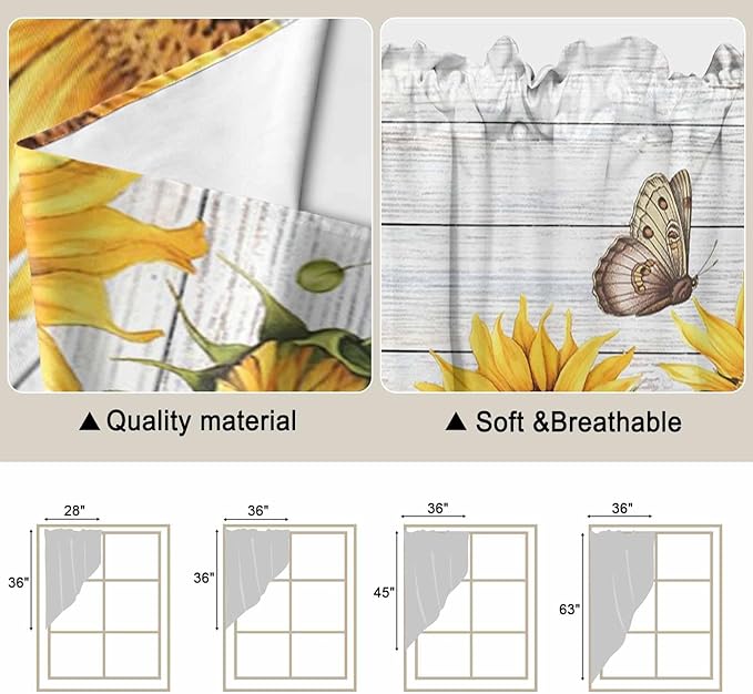 Yellow Sunflowers Swag Valances for Windows, Vintage Country Flowers Butterfly Wood Board Rod Pocket Kitchen Curtains Valance, Kitchen Window Curtains Swag for Cafe Living Room, 2 Panels, 36x45 inch