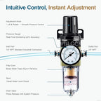 1/4" NPT Air Compressor Filter Regulator Combo, Water Separator Air Pressure Regulator with Gauge AW2000-02