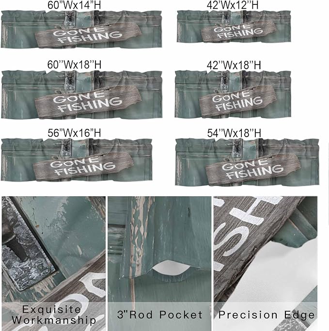 Gone Fishing Valances for Windows, Bronze Wood Grain Kitchen Valance Light Filtering Rod Pocket Short Curtains for Kitchen Bathroom, 1 Panel, 60"x18"