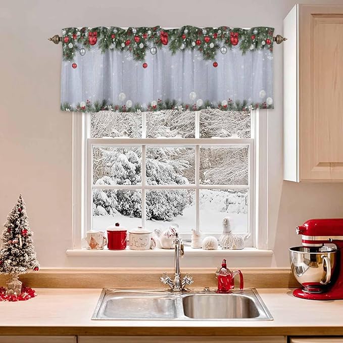 Christmas Curtain Valances for Windows, Kitchen Valance Window Treatment, Winter Xmas Balls Pine Branches Wooden Grain Light Filtering Block Curtains for Bathroom/Bedroom/Living Room 60'' x 18''