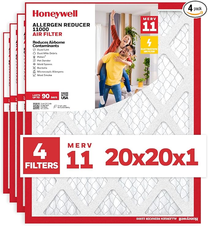 Honeywell 20x20x1 MERV 11 Allergen Reducer 11000 Electrostatic Pleated HVAC AC Furnace Air Filter (4-Pack) | Replacement Filter for Home Use | Made in USA