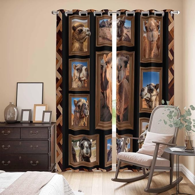 2 Panel Kitchen Cafe Curtains, Desert Camels Sunlight Filtering Nature Air Through, Home Decor Window Covering Tier Curtains for Living Room 104W x 96L inch Brown Wildlife Farmhouse Animals Rustic