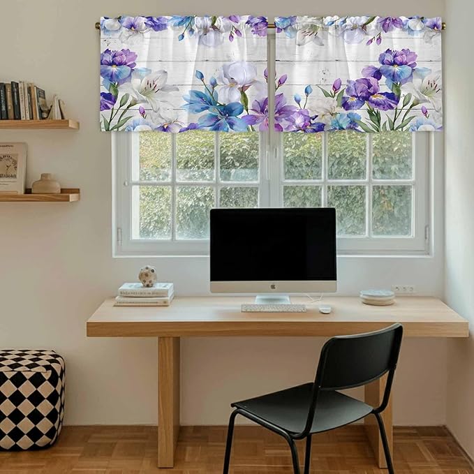 Spring Flowers Tier Curtains, Watercolor Garden Florals Wooden Grain Light Filtering Kitchen Curtains, 2Pcs Rod Pocket Half Window Treatments Panels for Sink Cafe Cabinet Camper 27.5x24 Inches