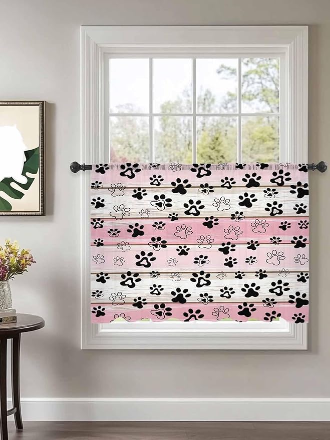 Sheer Curtains 54 Inch Length, Pink Beige Paw Print Semi Sheer Curtains Light Filtering Window Treatment, Vintage Farmhouse Country Wooden Grain Privacy Voile Drapes for Living Room Bedroom 52x54 Inch