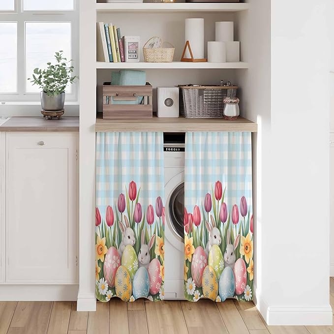 Easter Kitchen Tier Curtains 45 Inch Long 2 Panel Set,Rod Pocket Short Window Treatment,Spring Bunny Colorful Eggs Tulip Flowers Blue Check Light Filtering Curtains & Drapes for Bathroom 27.5"W x 45"L