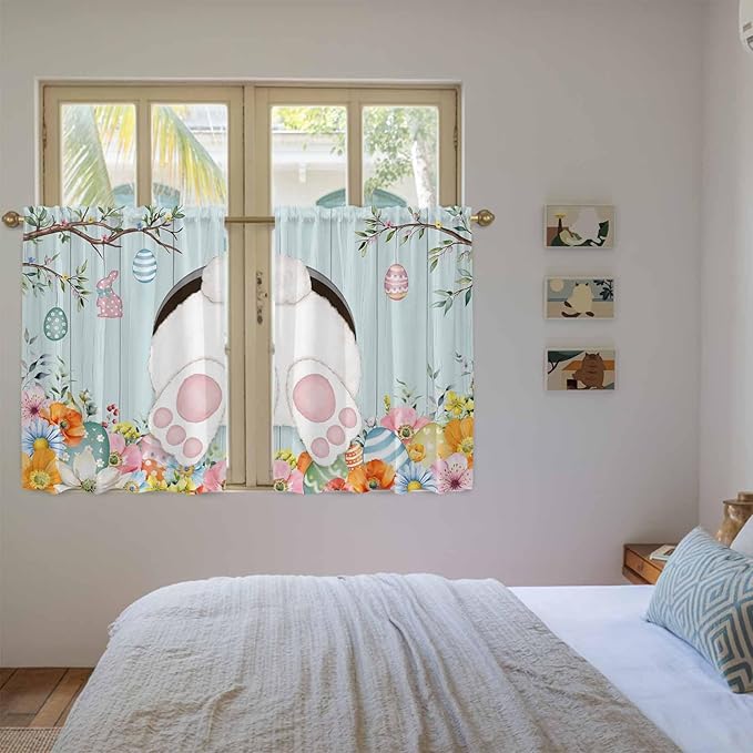 Easter Bunny Kitchen Curtains 54 Inch Long 2 Panel Set,Rod Pocket Window Curtains Panels,Easter Eggs Spring Farmhouse Wood Grain Teal Blue Light Filtering Privacy Draperies for Bedroom 42"W x 54"L