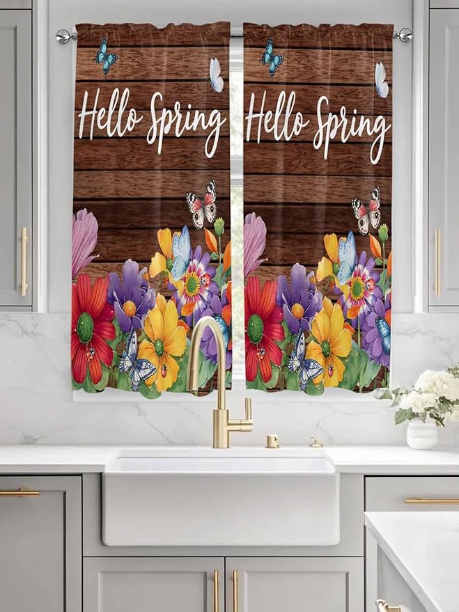 Spring Flowers Bedroom Curtains 63 Inches length, Watercolor Farmhouse Colorful Wooden Grain Window Treatment Curtain Drapes, Rod Pocket Curtain Panels for Living Room Kitchen, 42"x63", 2 Panels
