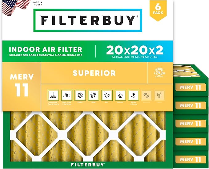 Filterbuy 20x20x2 Air Filter MERV 11 Superior Pet & Allergy Defense (6-Pack), Electrostatic Pleated HVAC AC Furnace Filters Replacement, Made in USA (Actual Size: 19.50 x 19.50 x 1.75)