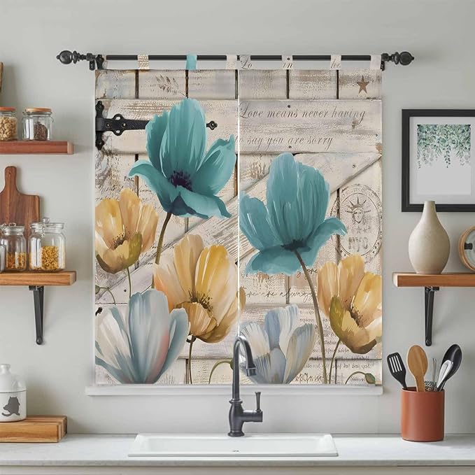 Watercolor Flowers Living Room Curtains 84 Inch Length, Window Curtains Tab Top, Vintage Tulips Floral Barn Doors Wood Grain Light Filtering Window Treatments Drapes 42"x84" 2 Panel