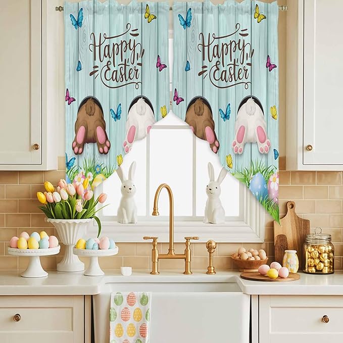 Swag Curtain Valances for Kitchen Windows,Happy Easter Bunny Butt Egg Floral Short Rod Pocket Window Valance,Spring Plant on Aqua Wood Swag Topper for Bedroom Living Room,2 Panels 36x63in