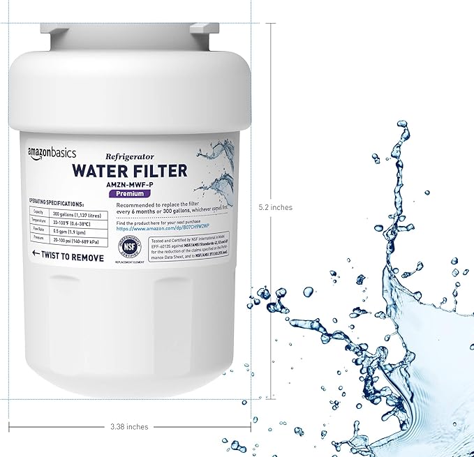 Amazon Basics Replacement GE MWF Refrigerator Water Filter Cartridge - Premium Filtration (Pack of 2)