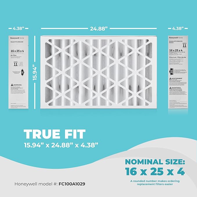 16x25x4 Air Filter Replacement MERV 11, FC100A1029 Pleated HVAC AC Furnace Filters with Wholesalehome Cleaning Cloth, 3-Pack (Actual Size: 15.94 x 24.86 x 4.38 Inches)