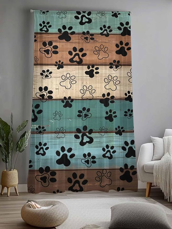 Sheer Curtains 84 Inches Long, Green Brown Paw Print Semi Sheer Curtains Light Filtering Window Treatment, Vintage Farmhouse Country Wooden Grain Privacy Voile Drapes for Living Room 52x84 Inch