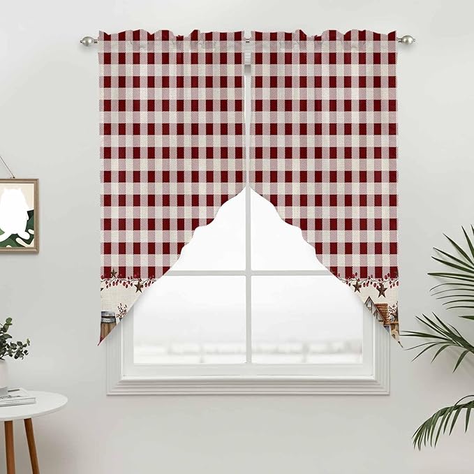 Swag Curtain Valances for Kitchen Windows,Farm Barn Western Star on Vintage Short Rod Pocket Window Valance,Red Buffalo Plaid Swag Topper for Bedroom Living Room,2 Panels 36x36in