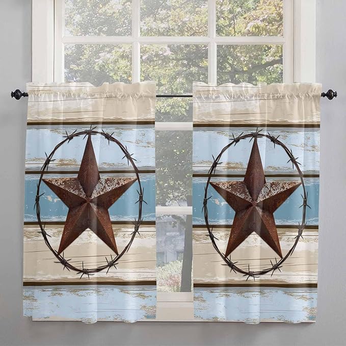 Vintage Western Star on Wood Grain Window Valance Curtains, Retro Wooden Texture Light Filtering Kitchen Valance with 3-inch Rod Pocket for Living Room Bathroom Bedroom,2 Panel,27.5x45In