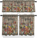 Spring Flowers Kitchen Curtain Set, Farmhouse Vintage Black Plaid Wood Grain Window Valance and Tiers 24" Length, Light Filtering Short Curtains Valance for Cafe Bathroom Bedroom 54"x18"