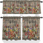 Spring Flowers Kitchen Curtain Set, Farmhouse Vintage Black Plaid Wood Grain Window Valance and Tiers 24" Length, Light Filtering Short Curtains Valance for Cafe Bathroom Bedroom 54"x18"