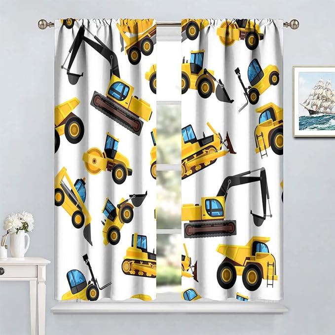 Kids Construction Equipment Window Curtains, Excavator Tractor Tow Truck Rod Pocket Decorative Windows Curtain for Children Teens Boys Girls Room Decor 84x84in (30% Blackout)