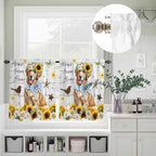 Kitchen Curtains Tiers and Valance Set of 3, Sunflowers Dog Light Filtering Window Curtain Set, Spring Watercolor Floral Stars Wood Grain Rod Pocket Curtain Drapes for Living Room, 36 Inches Tiers