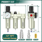 Industrial Grade 3-Stage Air Drying System, 1/2" NPT with Auto Drain, Desiccant Dryer, Air Regulator, Particulate Filter and Coalescing Filter for Paint Spray, Plasma Cutter