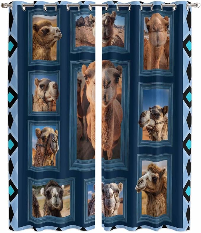 2 Panel Kitchen Cafe Curtains, Desert Camels Sunlight Filtering Nature Air Through, Home Decor Window Covering Tier Curtains for Living Room 104W x 96L inch Wildlife Brown Animals Blue Geometric