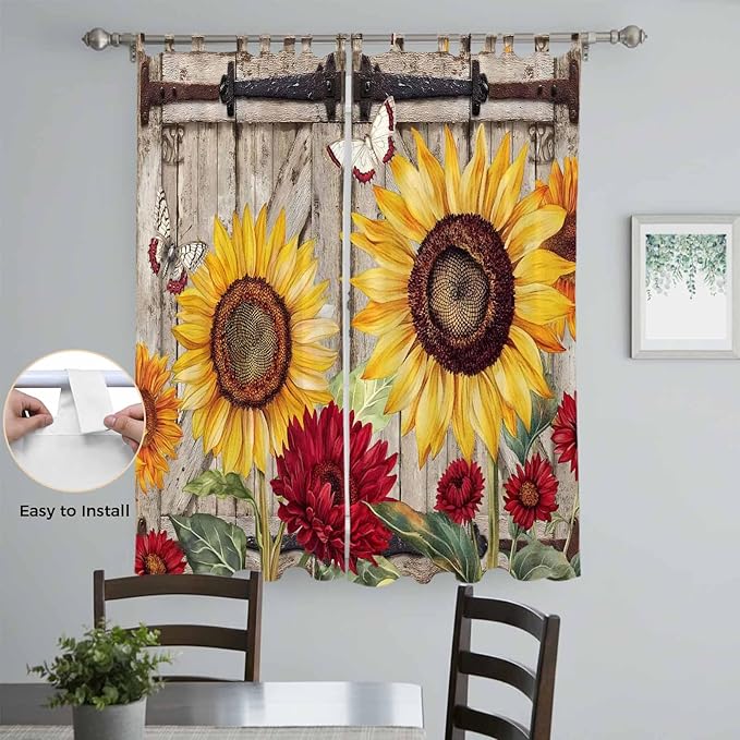 Sunflowers Living Room Curtains 96 Inch Length, Window Curtains Tab Top, Retro Flower Barn Doors Butterfly Farmhouse Brown Light Filtering Window Treatments Drapes 52"x96" 2 Panel
