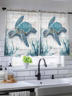 Sheer Curtains 54 Inch Length, Teal Green Sea Turtle Semi Sheer Curtains Light Filtering Window Treatment, Summer Ocean Seaweed Wood Grain Privacy Voile Drapes for Living Room Bedroom 52x54 Inch