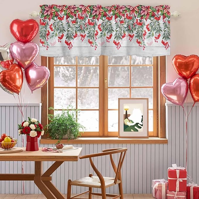 Poinsettia Berry Valance Curtains for Kitchen, Red Floral Winter Plants Vintage Wood Grain Privacy Rod Pocket Valance Curtain, Light-Filtering Window Treatment for Bedroom Bathroom, 60"x14"