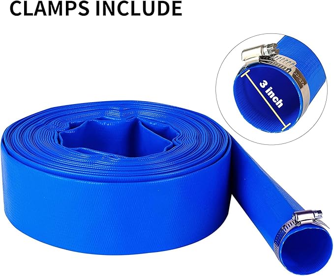 DAVCO 3" x 100 ft Pool Backwash Hose, 3” Diameter and 5” Flat Wide Heavy Duty Reinforced Blue PVC Lay Flat Water Discharge Pump Hoses For Swimming Drain Pools and Clean Filters,with 1 Clamp