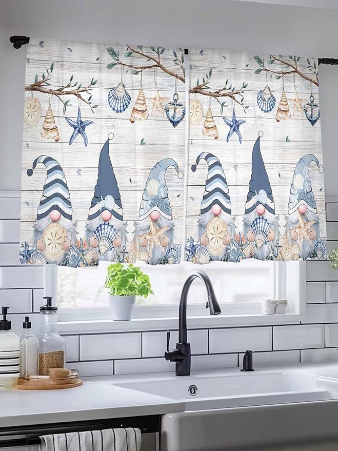 Sheer Curtains 54 Inch Length, Coastal Eucalyptus Semi Sheer Curtains Light Filtering Window Treatment, Ocean Blue Gnomes Starfish Leaf Wood Grain Privacy Voile Drapes for Living Room 52x54 Inch