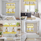 Yellow Gnomes Kitchen Curtains Set 3 Piece for Windows, Rod Pocket Valance and Tier Set 36 Inch Length, Spring Bees Daisy Plaid Wooden Grain Light Filtering Cafe Curtains for Living Room Bathroom