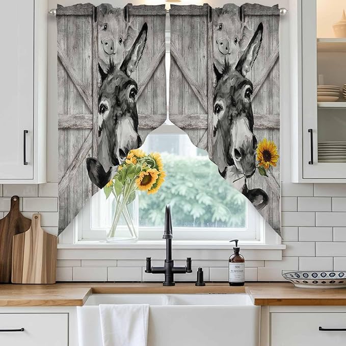 Funny Farm Animals Swag Valances for Windows, Vintage Barn Grey Sunflowers Rod Pocket Kitchen Curtains Valance, Kitchen Window Curtains Swag for Cafe Bathroom Living Room, 2 Panels, 36x45 inch