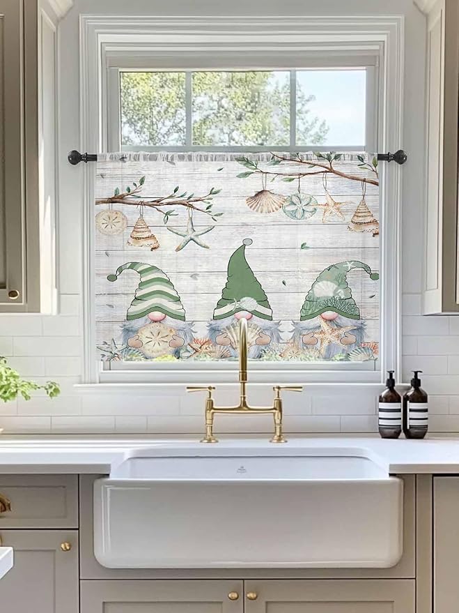 Sheer Curtains 54 Inch Length, Sage Green Gnomes Semi Sheer Curtains Light Filtering Window Treatment, Eucalypus Coastal Anchor Retro Wood Privacy Voile Drapes for Living Room Bedroom 52x54 Inch