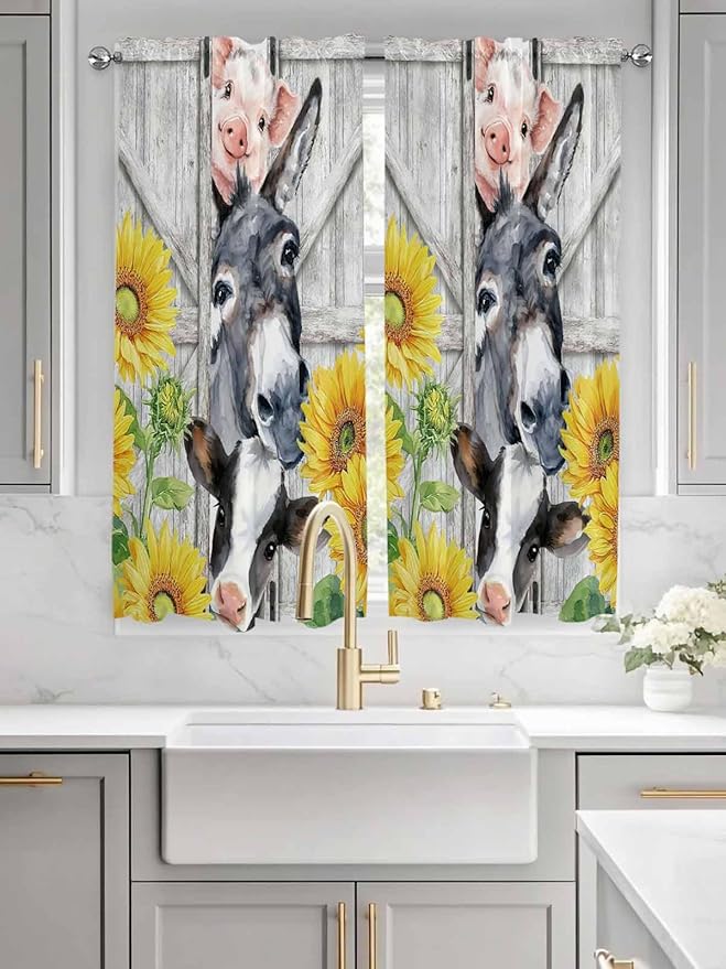Farmhouse Living Room Curtains 72 Inches length, Watercolor Sunflowers Animals Printed Wood Grain Window Treatment Curtain Drapes, Light Filtering Drapes for Bedroom Laundry Room, 52"x72", 2 Panels