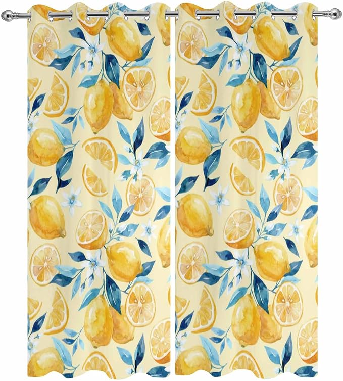 Lemon Outdoor Curtains for Patio Lemon Leaves Summer Plants Begin Waterproof Outside Curtains with Grommet Top Weatherproof Curtain for Cabana Pergola Gazebo, 2 Pack, 54" W x 84" L