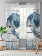 Sheer Curtains 108 Inches Long, Ocean Sea Turtle Semi Sheer Curtains Light Filtering Window Treatment, Coastal Seaweed Vintage Wood Grain Privacy Voile Drapes for Living Room Bedroom 52x108 Inch